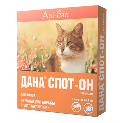 Капли инсектоакарицидные для кошек Api-San Дана Спот-он для борьбы с эктопаразитами, 3 пипетки по 1 мл