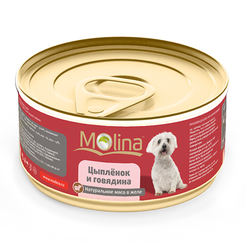 Консервы для собак Molina "Цыпленок и говядина" натуральное мясо в желе, 85 г