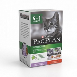 Влажный корм для кастрированных котов и стерилизованных кошек Pro Plan Sterilised Nutrisavour, индейка и говядина 4+1
