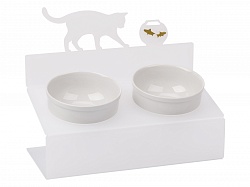 Миска для кошек АртМиска "Кот и рыбы" двойная на подставке, белая полупрозрачная 2 х 360 мл