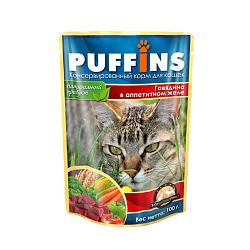 Влажный корм для кошек Puffins Говядина в желе, 100 г х 24 шт.
