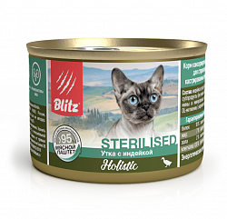 Консервы для стерилизованных кошек Blitz Holistic Утка с индейкой, паштет 200 г х 24 шт.