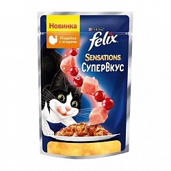 Влажный корм Felix Sensations Супервкус для взрослых кошек, со вкусом индейки и ягод, в желе 75 г
