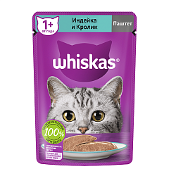 Влажный корм Whiskas для кошек, паштет с индейкой и кроликом 75 г × 24 штуки