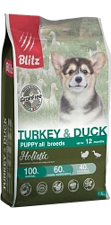 Сухой беззерновой корм Blitz Holistic Turkey & Duck для щенков всех пород, индейка и утка