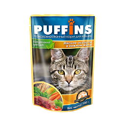 Влажный корм для кошек Puffins Мясное ассорти в желе, 100 г х 24 шт.