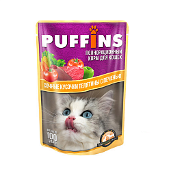 Влажный корм для кошек Puffins Телятина с печенью в соусе, 100 г х 24 шт.
