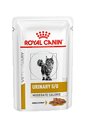 Влажный корм для кошек Royal Canin Urinary S/O Moderate Calorie при предрасположенности к избыточному весу при лечении мочекаменной болезни, кусочки в соусе 85 г