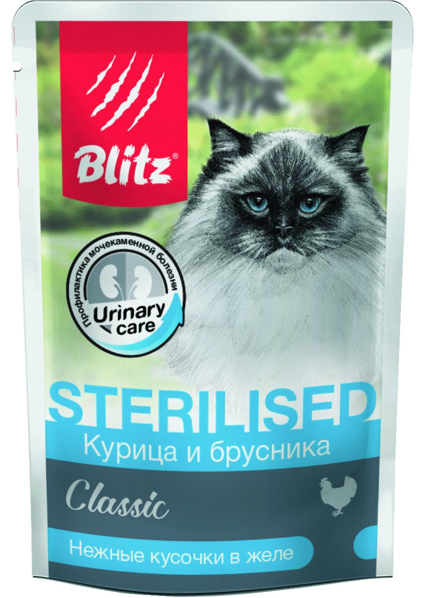 Влажный корм Blitz Classic Adult Cat для кастрированных котов и стерилизованных кошек, курица с брусникой кусочки в желе 85 г х 24 шт.