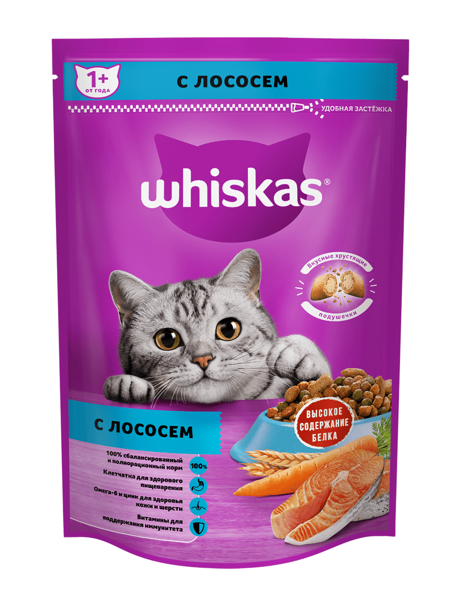 Сухой корм Whiskas для взрослых кошек «Подушечки с паштетом. Обед с лососем»