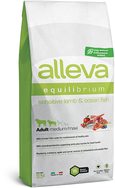 Сухой корм Alleva Equilibrium Sensitive Medium/Maxi для собак средних и крупных пород, ягненок и океаническая рыба 12 кг