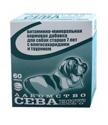 Витамины для собак старше 7 лет Сева-вит витаминно-минеральная кормовая добавка с олигосахаридами и таурином, 60 таблеток