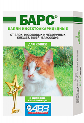 Капли инсектоакарицидные для кошек Барс, 3 пипетки