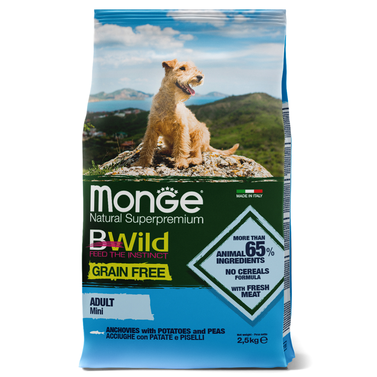Сухой беззерновой корм Monge Dog BWild Mini Adult Acciughe для взрослых собак мелких пород, анчоус с картофелем и горохом 2,5 кг