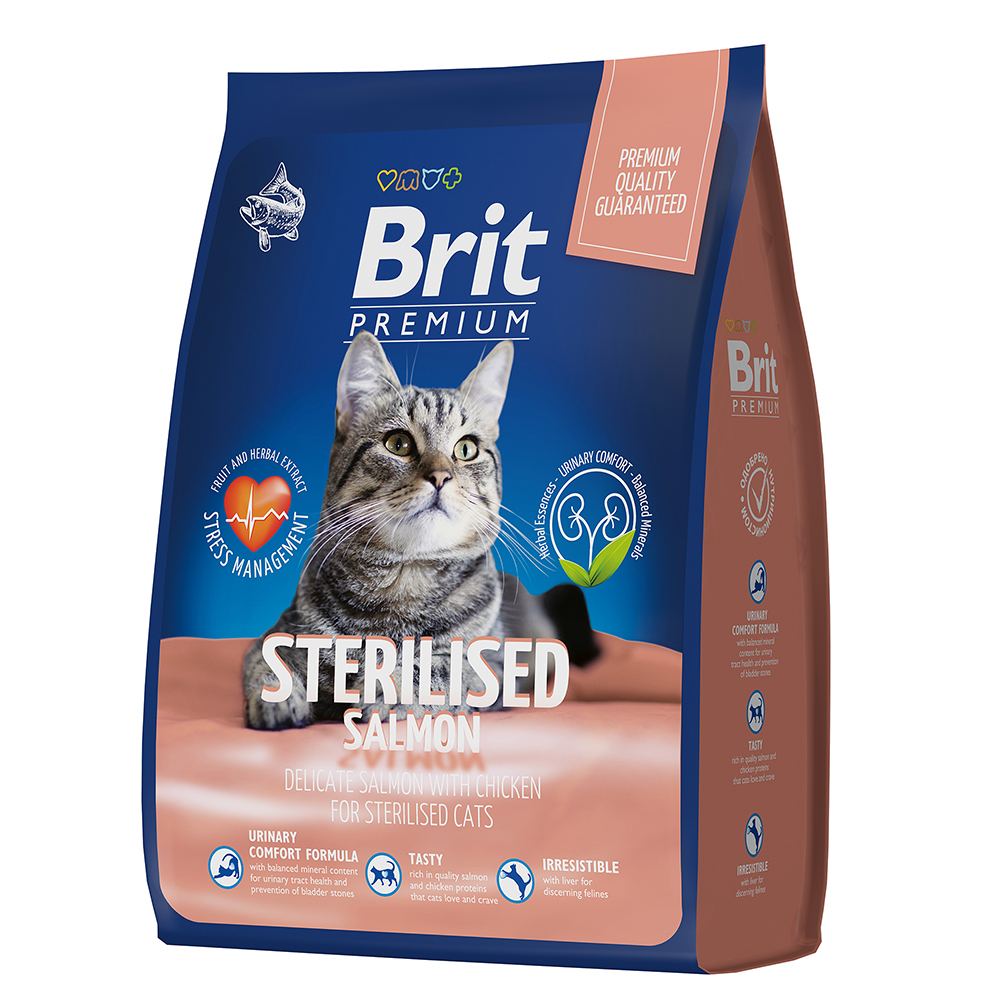 Сухой корм Brit Premium Cat Sterilised для кастрированных котов и стерилизованных кошек, с лососем и курицей