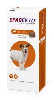 Таблетка от клещей и блох для собак Intervet Бравекто жевательная, весом 4,5-10, 250 мг