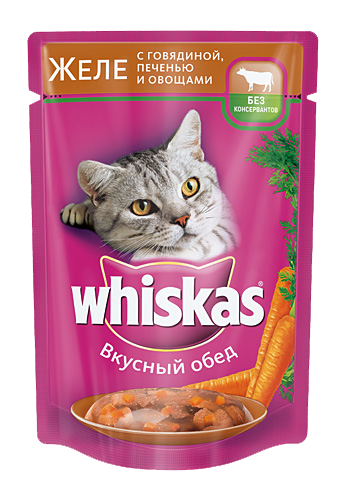 Консервы для кошек WHISKAS "Желе с говядиной, печенью и овощами" 0,1 кг
