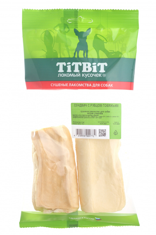 Сэндвич с рубцом говяжьим для собак Titbit мягкая упаковка 73 г