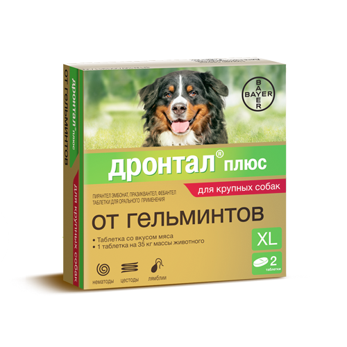 Таблетки от гельминтов для собак крупных пород Bayer Drontal Plus XL со вкусом мяса, 2 таблетки