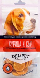 Мягкие чипсы для собак Delipet из курицы с сыром, 100 г