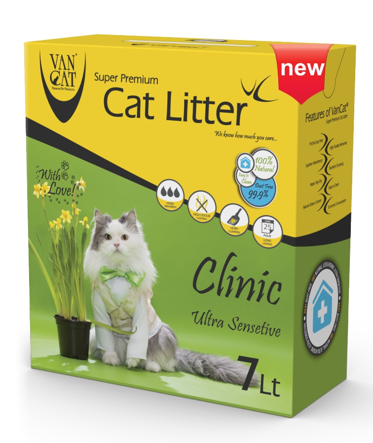 Комкующийся наполнитель для кошачьего туалета Van Cat Clinic Ultra Sensitive с антибактериальным эффектом, коробка 6 кг