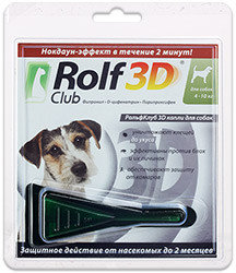 Капли от клещей, блох, вшей, комаров RolfClub 3D (Рольф Клуб) 4-10 кг для собак, одна пипетка