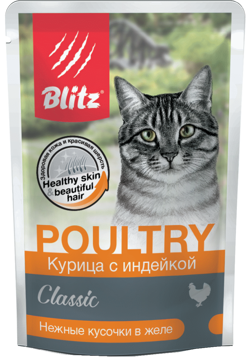Влажный корм Blitz Classic Adult Cat для взрослых кошек, курица с индейкой кусочки в желе 85 г х 24 шт.