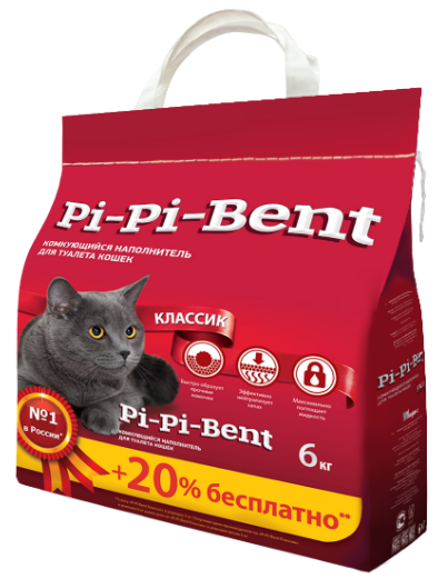 Комкующийся наполнитель для кошачьего туалета Pi-Pi-Bent Classic с бентонитовой глиной, 5 + 1 кг в подарок