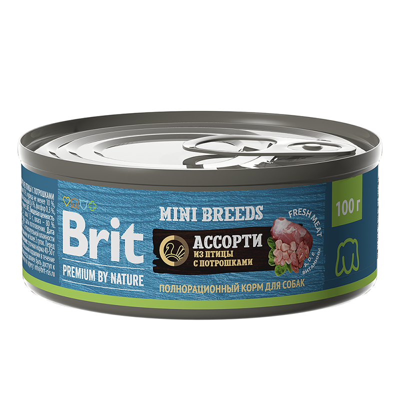 Консервы Brit Premium by Nature для взрослых собак мелких пород, ассорти из птицы с потрошками 100 г х 12 шт.