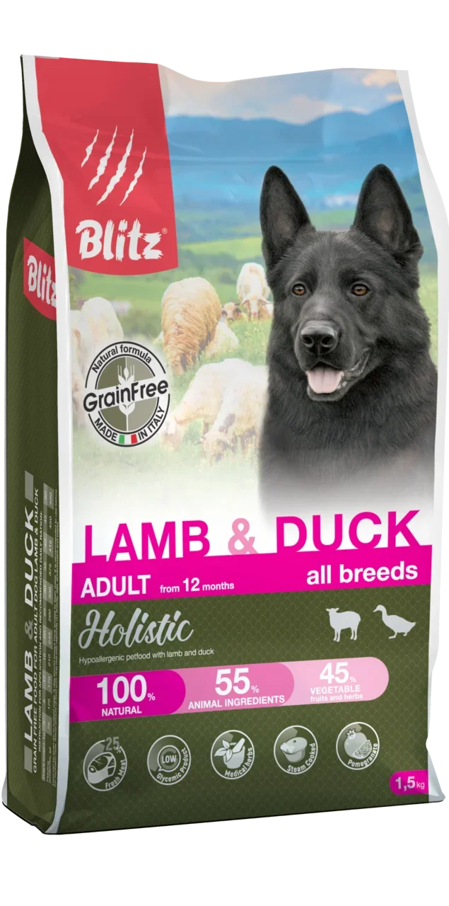 Сухой беззерновой корм Blitz Holistic Lamb & Duck для взрослых собак всех пород, ягненок и утка