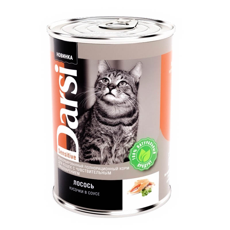 Консервы для кошек с чувствительным пищеварением Darsi Лосось кусочки в соусе, 415 г