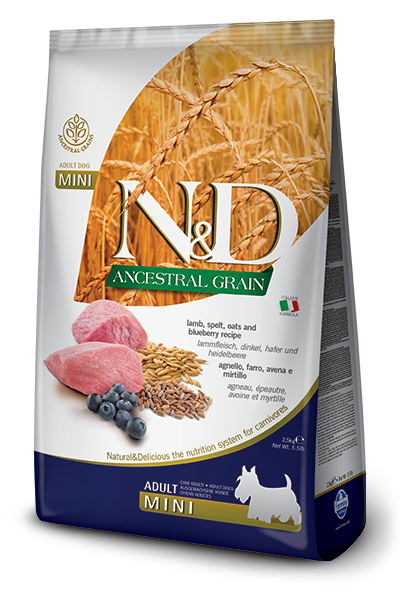 Сухой низкозерновой корм Farmina N&D Low Grain Lamb & Blueberry Adult Mini для собак мелких пород с ягненком, овсом и черникой