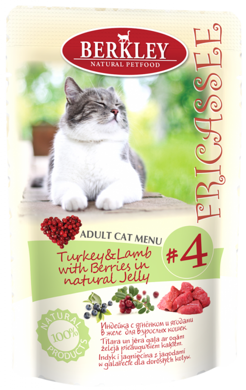 Консервы для кошек Berkley Fricassee #4 Turkey & Lamb Adult Cat индейка с ягненком и ягодами в желе 100 г х 12 шт.