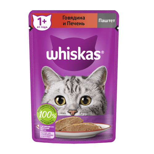 Влажный корм Whiskas для кошек, паштет с говядиной и печенью 75 г × 24 штуки