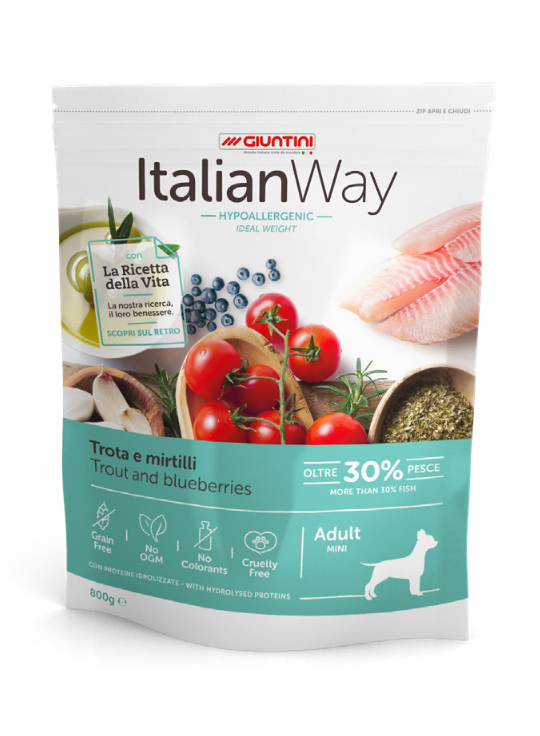 Сухой корм для собак мелких пород Italian Way беззерновой, профилактика аллергии, форель и черника