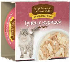 Консервы для кошек "Деревенские лакомства" Домашние обеды: тунец с курицей в соусе, 80 г