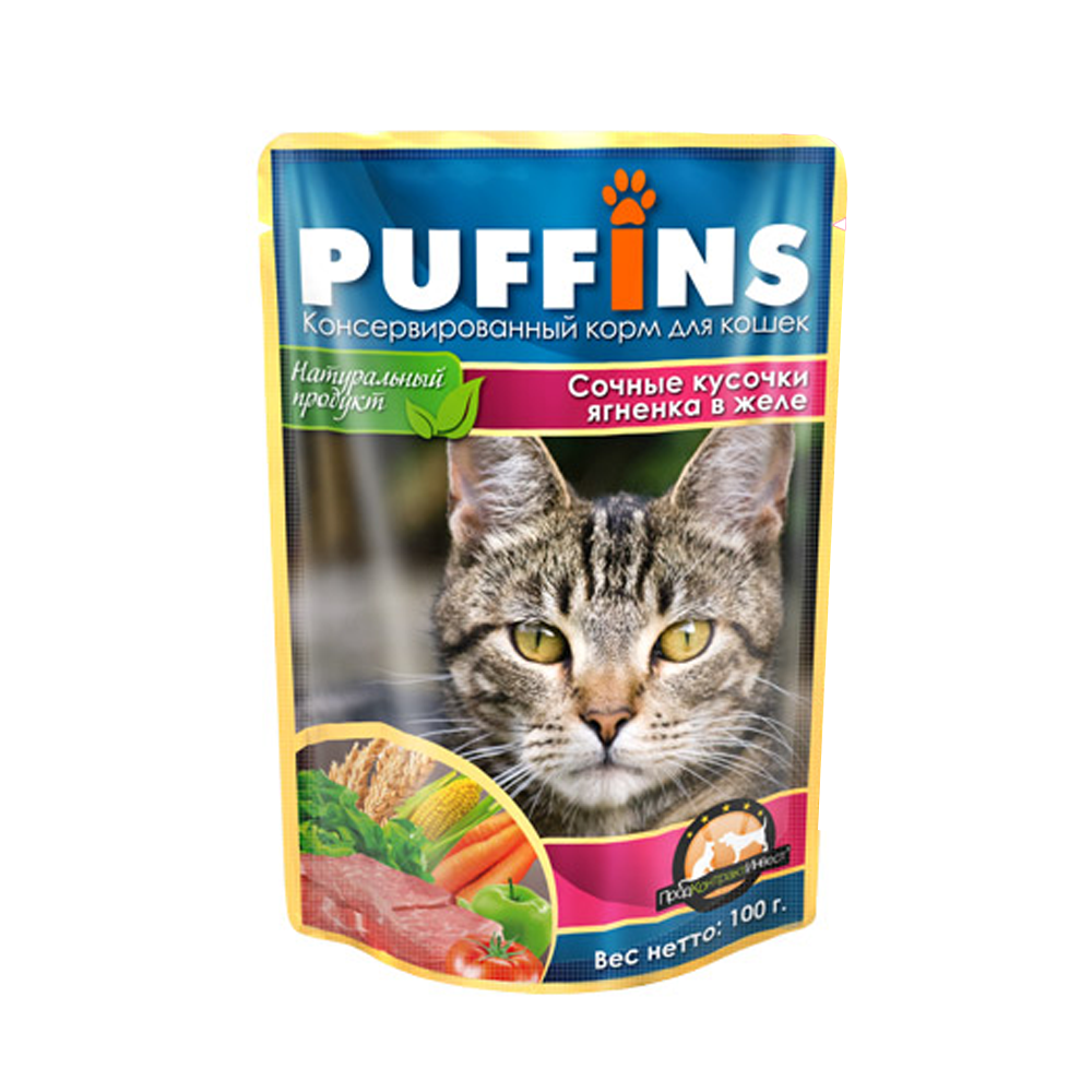 Влажный корм для кошек Puffins Ягненок в желе, 100 г х 24 шт.