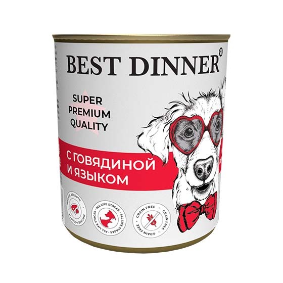 Консервы Best Dinner "Мясные деликатесы" для взрослых собак и щенков, Говядина с языком 0,34 кг