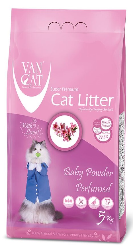 Комкующийся наполнитель для кошачьего туалета Van Cat Baby Powder обеспыленный с ароматом детской присыпки, пакет 5 кг