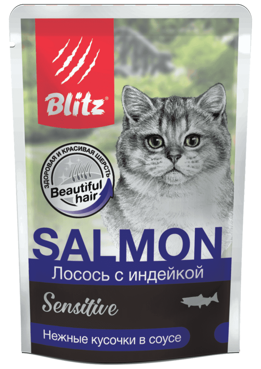 Влажный корм Blitz Sensitive Adult Cat для взрослых кошек, лосось с индейкой кусочки в соусе 85 г х 24 шт.