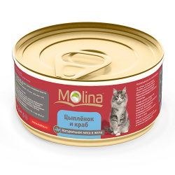 Консервы для кошек Molina "Цыпленок и краб" натуральное мясо в желе, 80 г