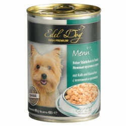 Консервы для взрослых собак мелких и средних пород Edel Dog кусочки в соусе с телятиной и кроликом 0,4 кг