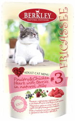 Консервы для кошек Berkley Fricassee #3 Poultry Mix Adult Cat птица с куриными сердечками и ягодами в желе 100 г х 12 шт.