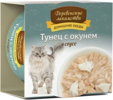 Консервы для кошек "Деревенские лакомства" Домашние обеды: тунец с окунем в соусе, 80 г