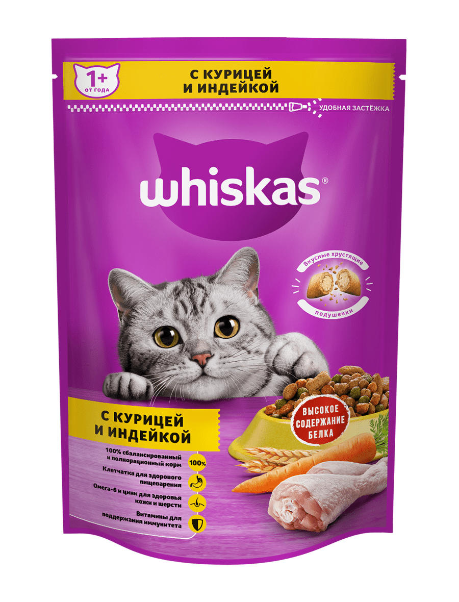 Сухой корм для кошек Whiskas Подушечки с паштетом "Ассорти с курицей и индейкой"