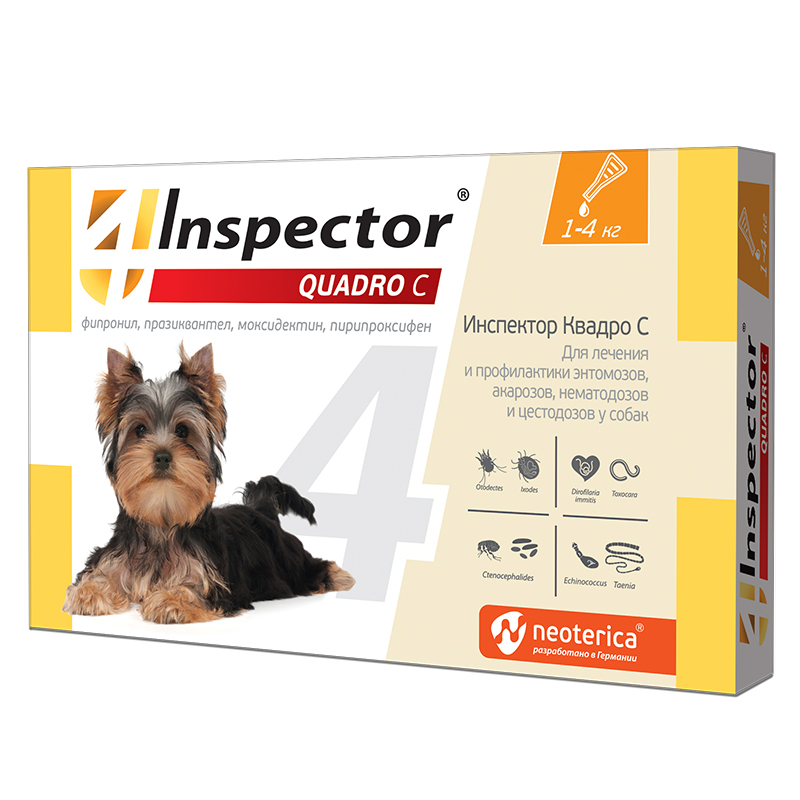 Капли для собак весом от 1 до 4 кг Inspector Quadro C от внешних и внутренних паразитов, 1 пипетка
