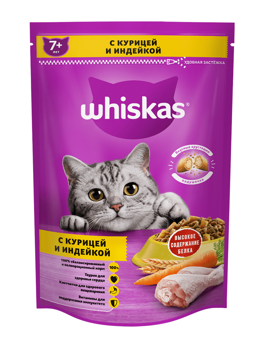 Сухой корм Whiskas для кошек 7+ «Подушечки с паштетом. Ассорти с курицей и индейкой» 350 г