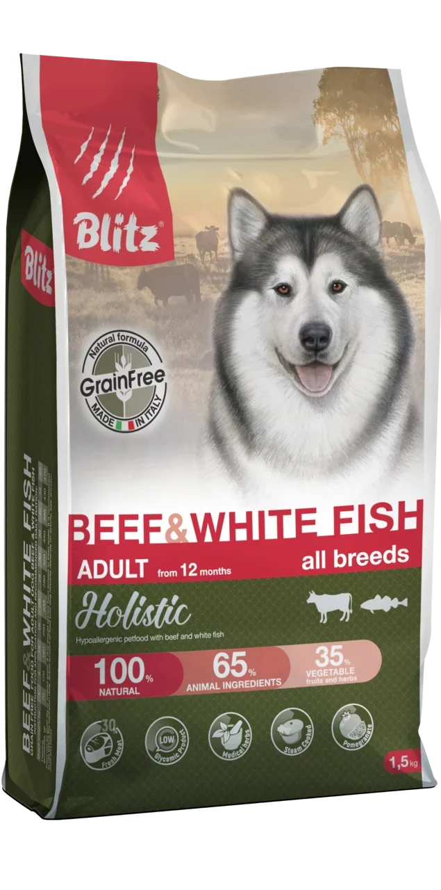 Сухой беззерновой корм Blitz Holistic Beef & White Fish для взрослых собак всех пород, говядина и белая рыба
