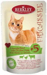 Консервы для кошек Berkley Fricassee #5 Adult Cat Menu ягненок и говядина с кусочками курицы и травами в соусе 85 г х 12 шт.