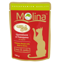 Консервы для кошек Molina "Цыпленок и говядина в соусе" пауч, 100 г х 24 шт.